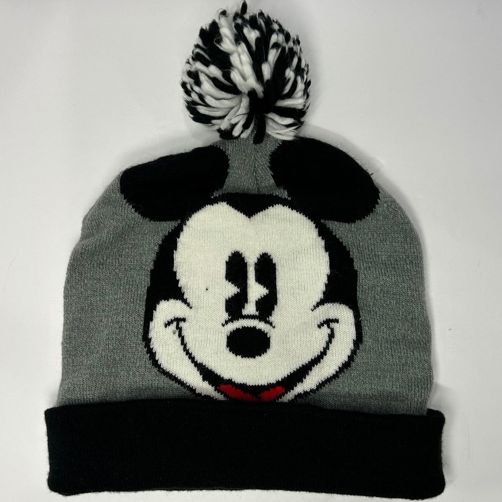 Disney Mickey Mouse Gray Black Knit Pom Pom Beanie Hat One Size